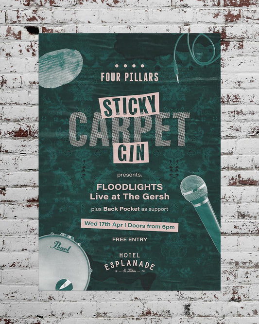 An event poster with the Four Pillars Gin x The espy launch event for Sticky Carpet Gin