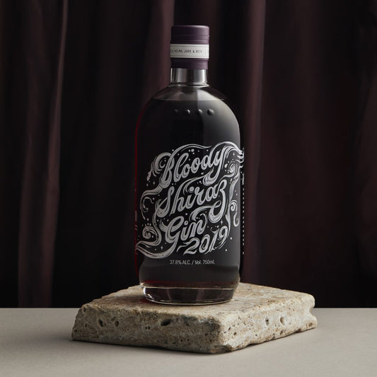 Four Pillars Gin 2019 Bloody Shiraz Gin bottle and label art by Jess Cruickshank