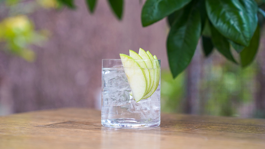 A Four Pillars Gin Harrington Shiraz G&T with a refreshing apple garnish.