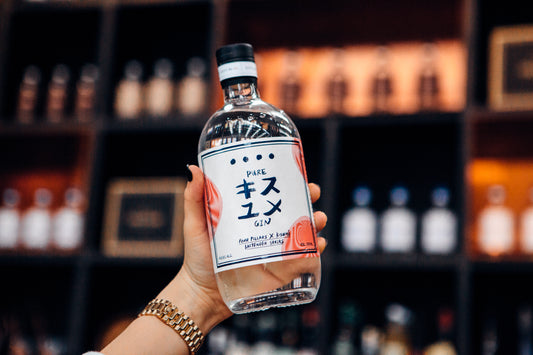 A hand holding up a bottle of Four Pillar's Gin Pure Kisume gin, a Japanese inspired gin.