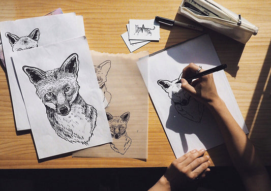 Lucy Charlotte's hand drawing a fox for Four Pillars Gin label.