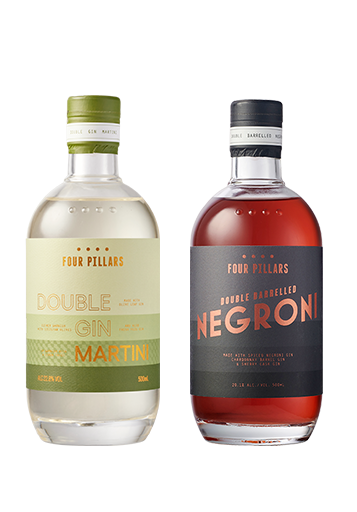Two bottled cocktails, double barrel negroni and double gin martini, made by and from Four Pillars Gin.