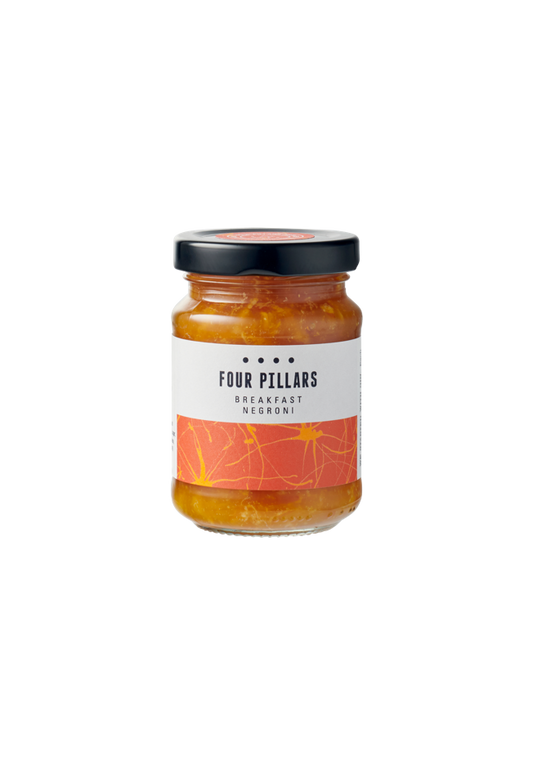 A deep etch image of a jar of Four Pillar's gin made from gin breakfast negroni flavoured marmalade.