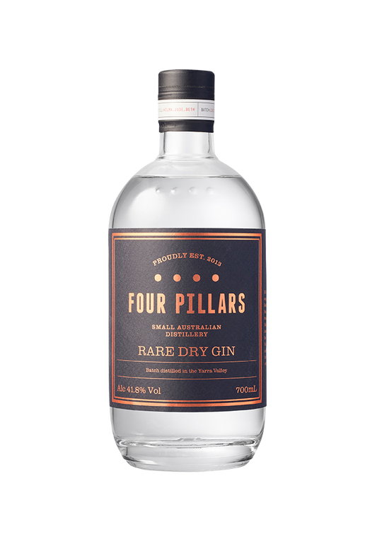 A clear bottle containing Rare Dry Gin with a label that reads 'Four Pillars Rare Dry Gin'.