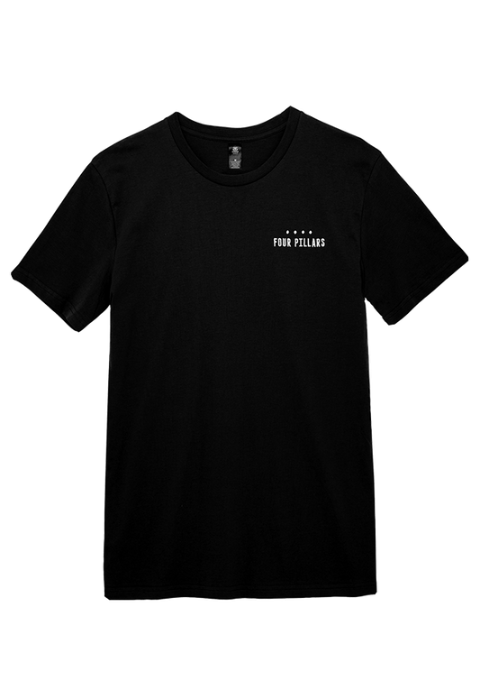 A standard black tshirt with a white embroided  Four Pillars Gin logo on the left breast.