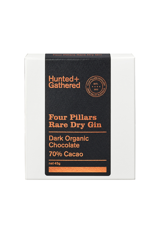 A packaged bar of Four Pillars Rare Dry Gin Dark Organic Chocolate with 70% Cacao.