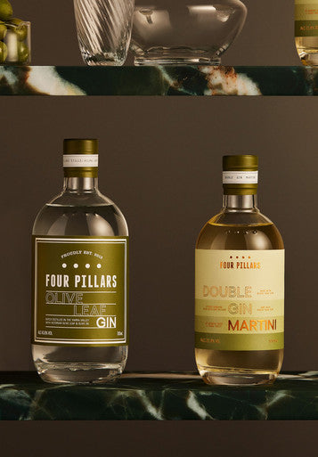 A luxe photo of the Martini bundle from Four Pillars Gin including the popular Olive Leaf Gin and the double Gin Martini bottled cocktail for a ready-to-drink martini!