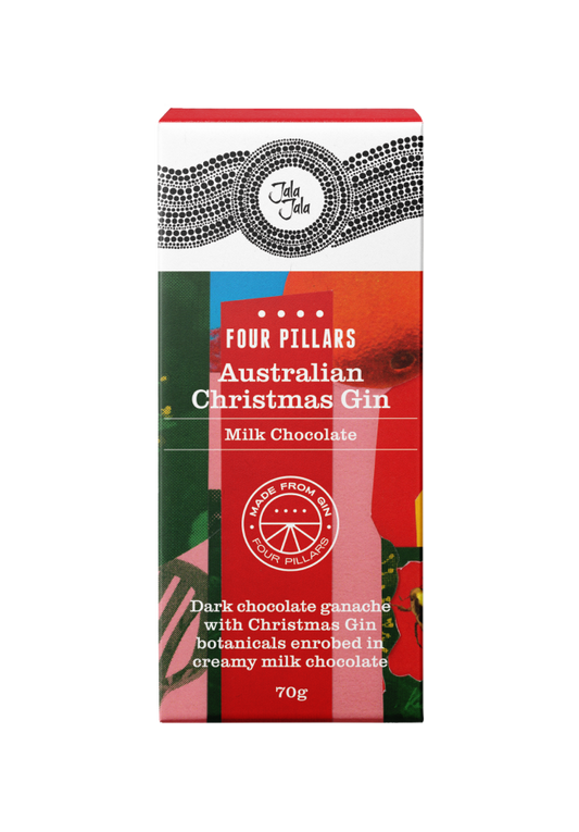 A 70g bar of Four Pillars Australian Christmas Gin Milk Chocolate on a plain white background. The packaging features a festive multicolor design with red, green, pink, and orange panels, and a black-and-white beaded banner at the top with the brand logo 'Four Pillars' in the center.