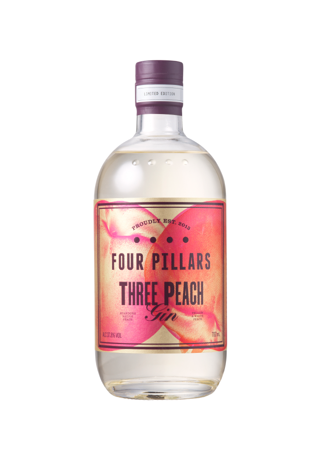 Bottle of Four Pillars Three Peach Gin on a white background