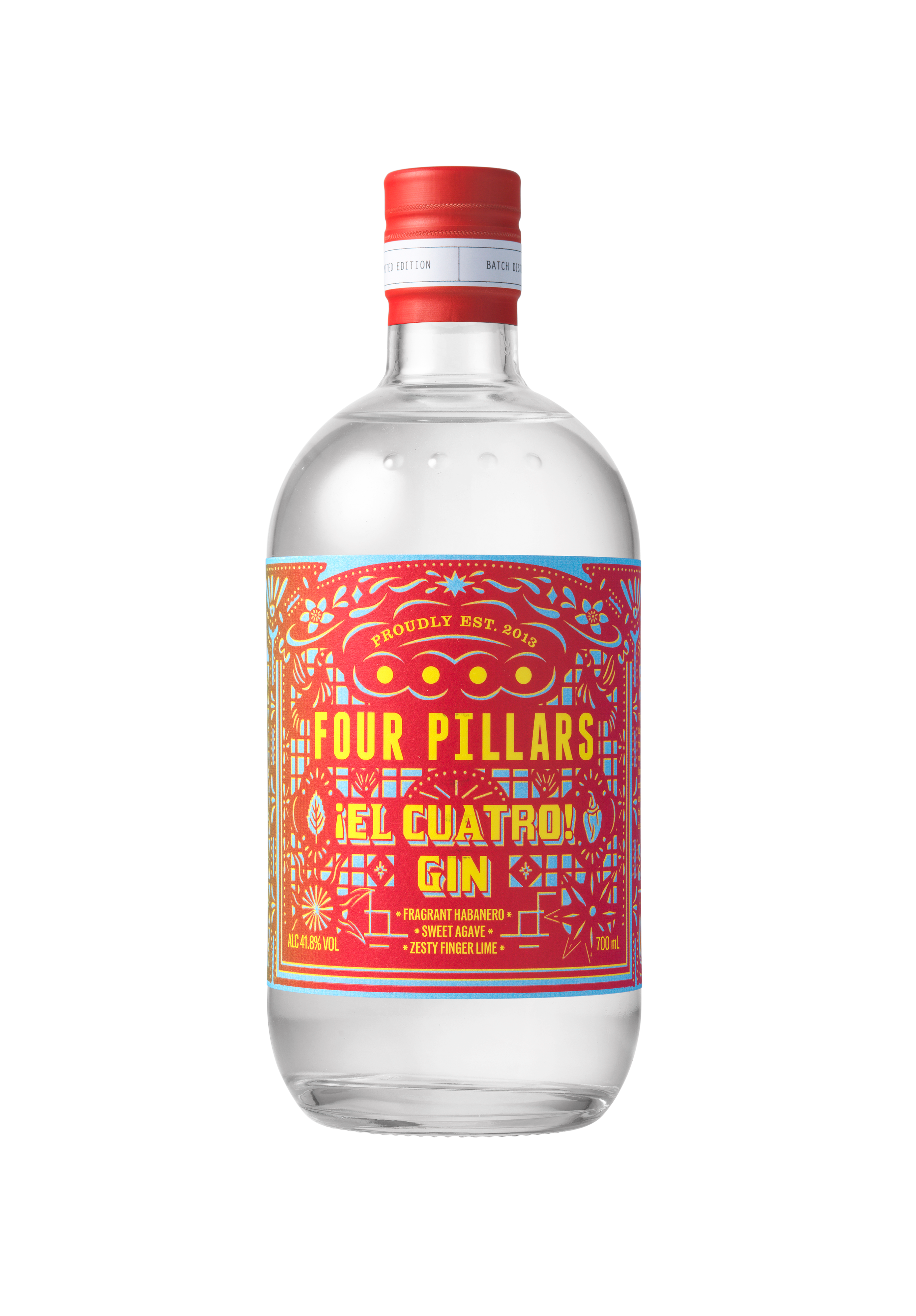 Four Pillars Gin bottle with colorful label on a white background