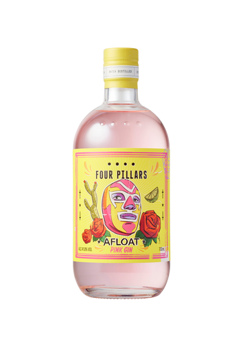 A bottle of Four Pillars Gin, Pink Afloat Gin with a mexican themed label, next to a refreshing gin  margarita with lime