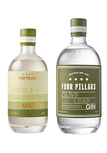 A deep etch image of the Martini bundle from Four Pillars Gin which includes the Double Gin Martini bottled cocktail and the popular Olive Leaf Gin. 