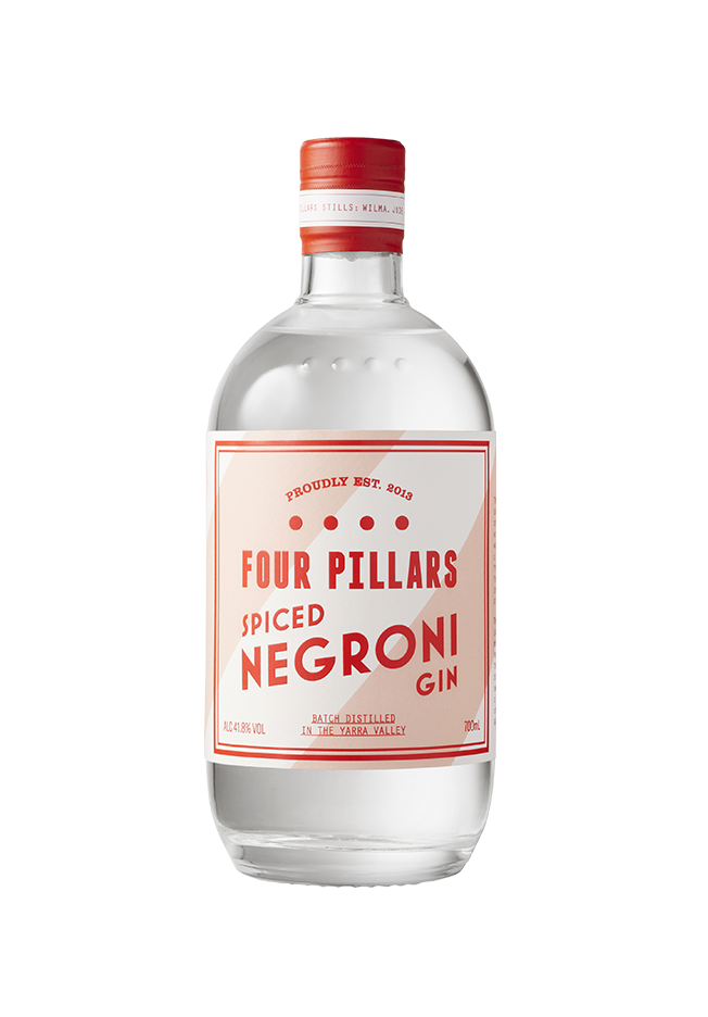 a deep etch of Four Pillars Gin's Spiced Negroni Gin bottle with its pink, red and white label.