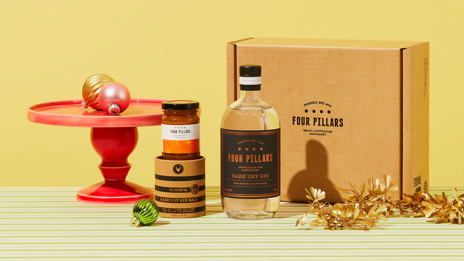 The Four Pillars Gin corporate gifting bundle consisting of Rare Dry Gin, made-from-gin Breakfast Negroni Marmalade, and Rare Dry Gin Salt. Perfect for gifting this Christmas. 