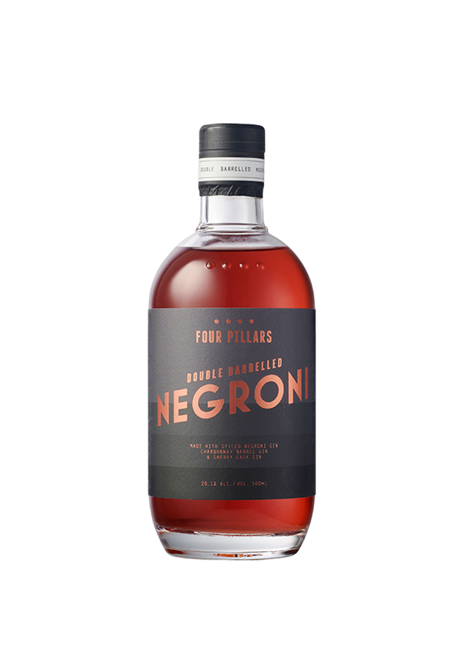 A bottle of Four Pillars Gin pre-made bottled cocktail, a double barrelled negroni.