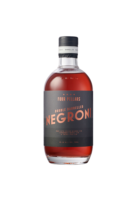 A bottle of Four Pillars Gin pre-made bottled cocktail, a double barrelled negroni.