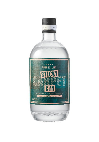 A bottle of Four Pillars Sticky Carpet Gin, showcasing its eye-catching label, ideal for your next drink.