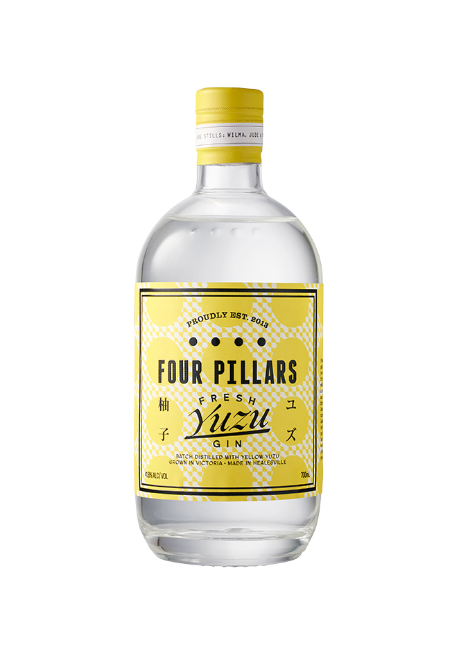 A deep etch bottle of a Four Pillars Gin bottle of Fresh Yuzu Gin with a bright and fun yellow label. 