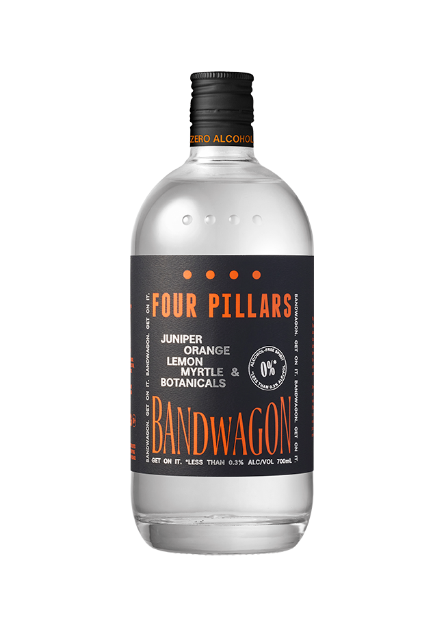 A bottle of Four Pillars Bandwagon gin featuring juniper, orange, lemon, myrtle, and botanicals. The label indicates it contains less than 0.3% alcohol and is 700ml in size.