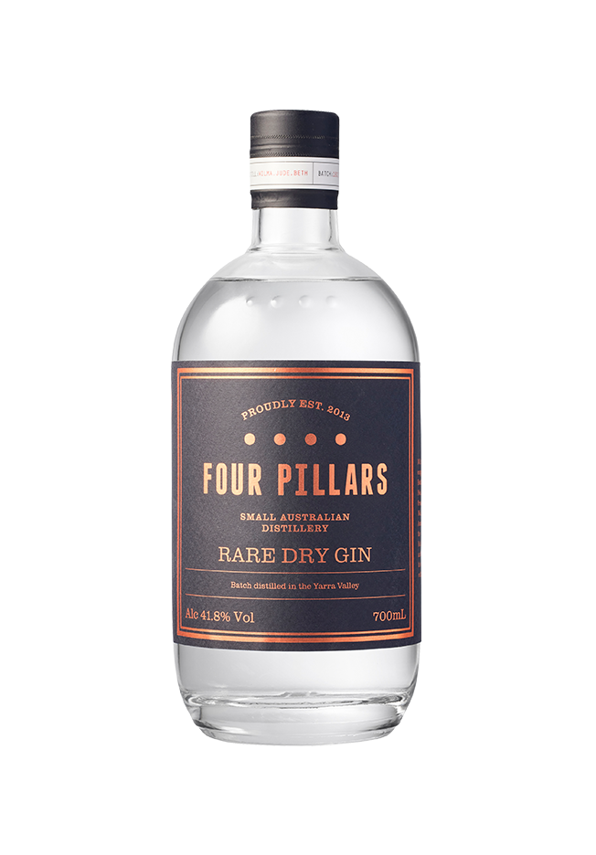 A clear bottle containing Rare Dry Gin with a label that reads 'Four Pillars Rare Dry Gin'.