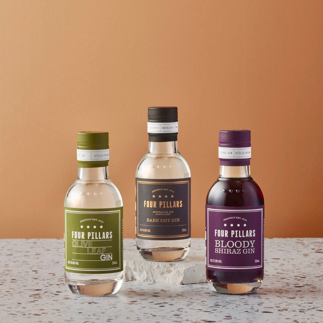 A Four Pillars Gin corporate gifting bundle made up 3x200ml bottles of gin, Rare Dry Gin, Olive Leaf Gin and Bloody Shiraz Gin. A great introduction to Four Pillars Gin.