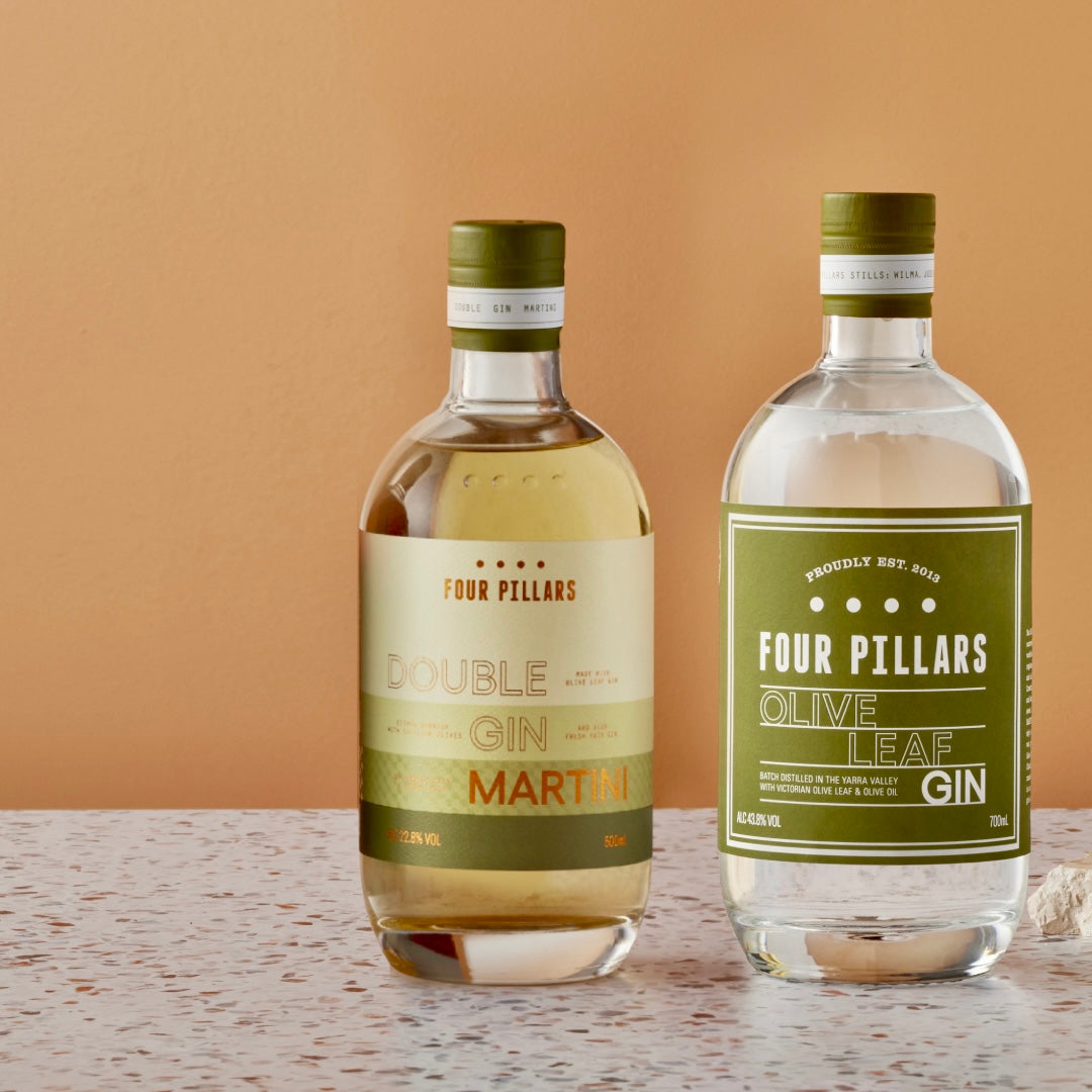 A Four Pillars Gin corporate gifting bundle made up of Olive Leaf Gin and a bottled cocktail of Double Gin Martini. 