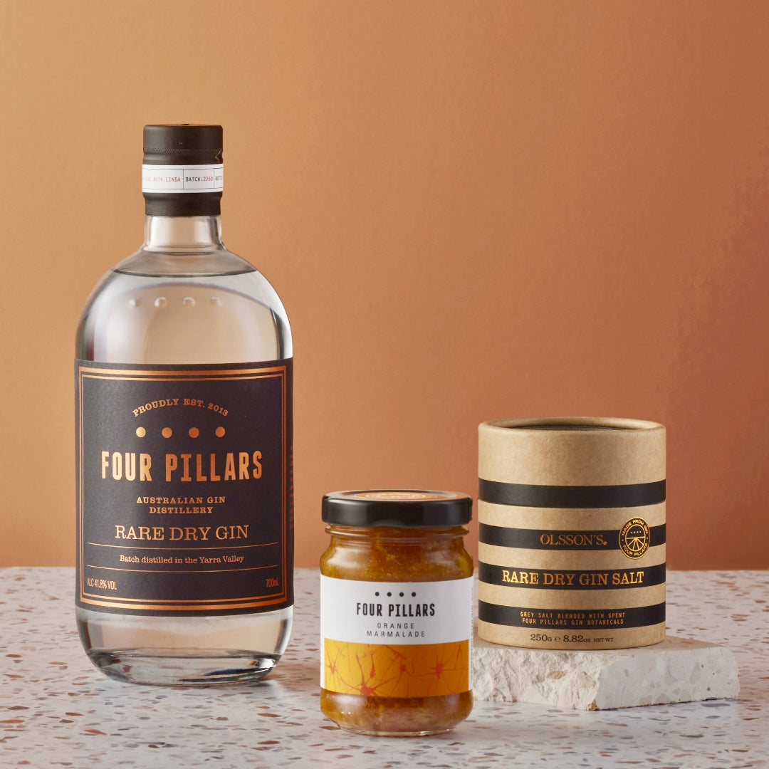 A Four Pillars Gin corporate gifting bundle of Rare Dry Gin and two made-from-gin products, Orange Marmalade and RareDry Gin Salt. 