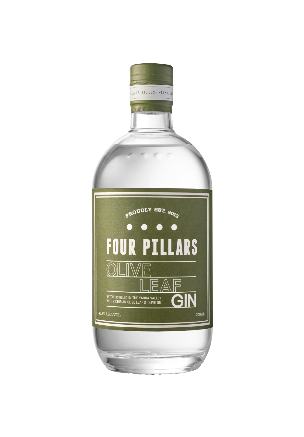 A deep etch bottle of a Four Pillars Gin bottle of Olive Leaf Gin.