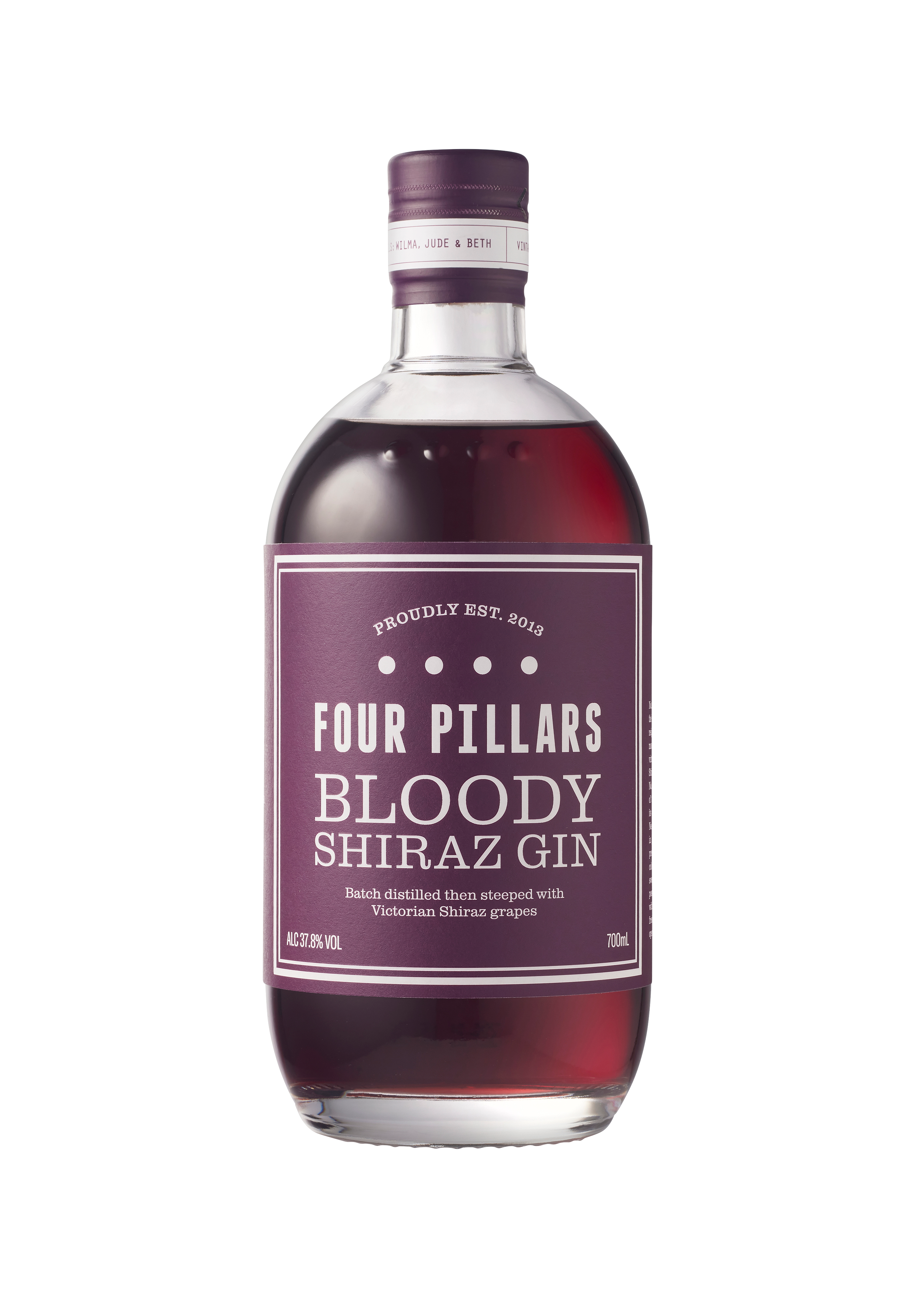 A deep etch bottle of a Four Pillars Gin bottle of Bloody Shiraz Gin