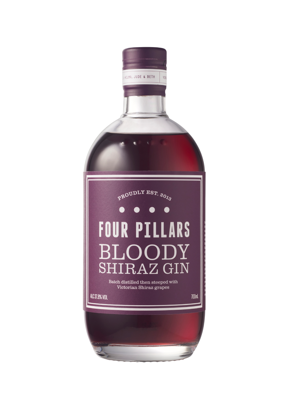 A deep etch bottle of a Four Pillars Gin bottle of Bloody Shiraz Gin