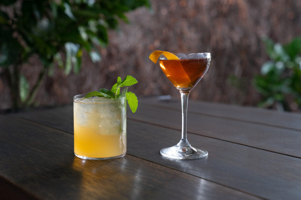 Two gin cocktails made at the Four Pillars Gin Distillery gin garden.