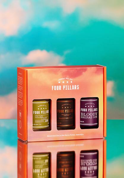 Three unique gin flavours from Four Pillars Gin, displayed in a charming gift box, inviting you to explore delightful taste experiences.