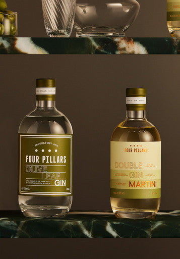 A luxe photo of the Martini bundle from Four Pillars Gin including the popular Olive Leaf Gin and the double Gin Martini bottled cocktail for a ready-to-drink martini! 