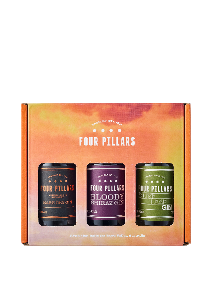 A colourful gift box showcasing three delicious flavours of gin from Four Pillars Gin, perfect for discovering new taste sensations.