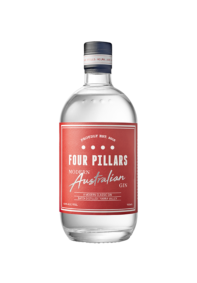 A deep etch of Four Pillars Gin's Modenr Australian Gin with a bright red label.