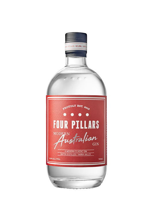 A deep etch of Four Pillars Gin's Modenr Australian Gin with a bright red label.