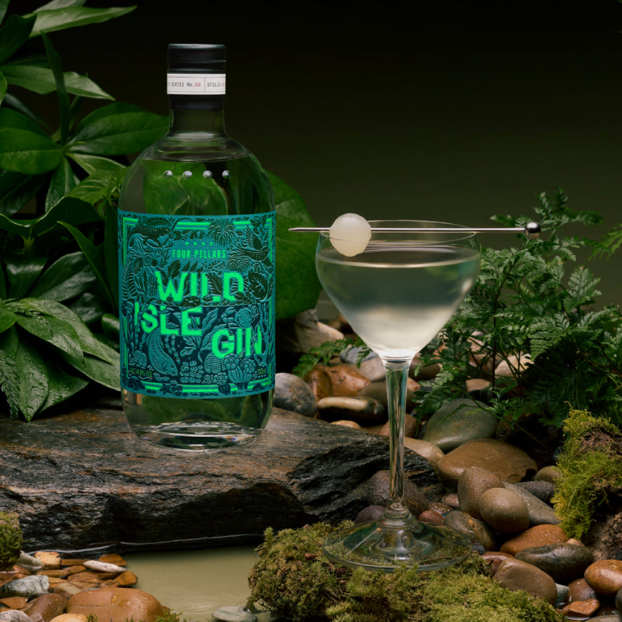 Bottle of Wild Isle Gin next to a Gibson Martini in a natural setting
